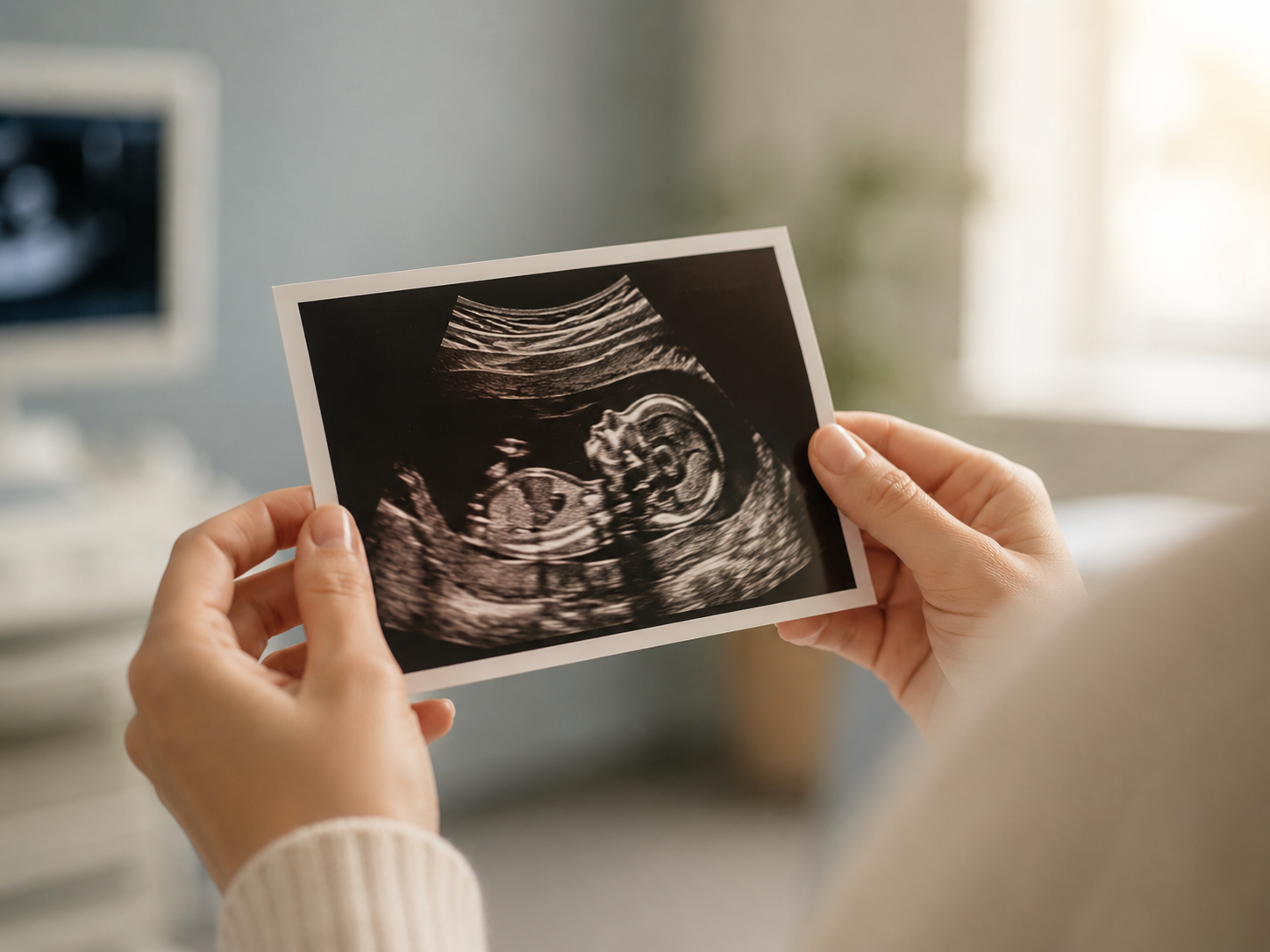 A mother looking at an ultrasound image of her baby